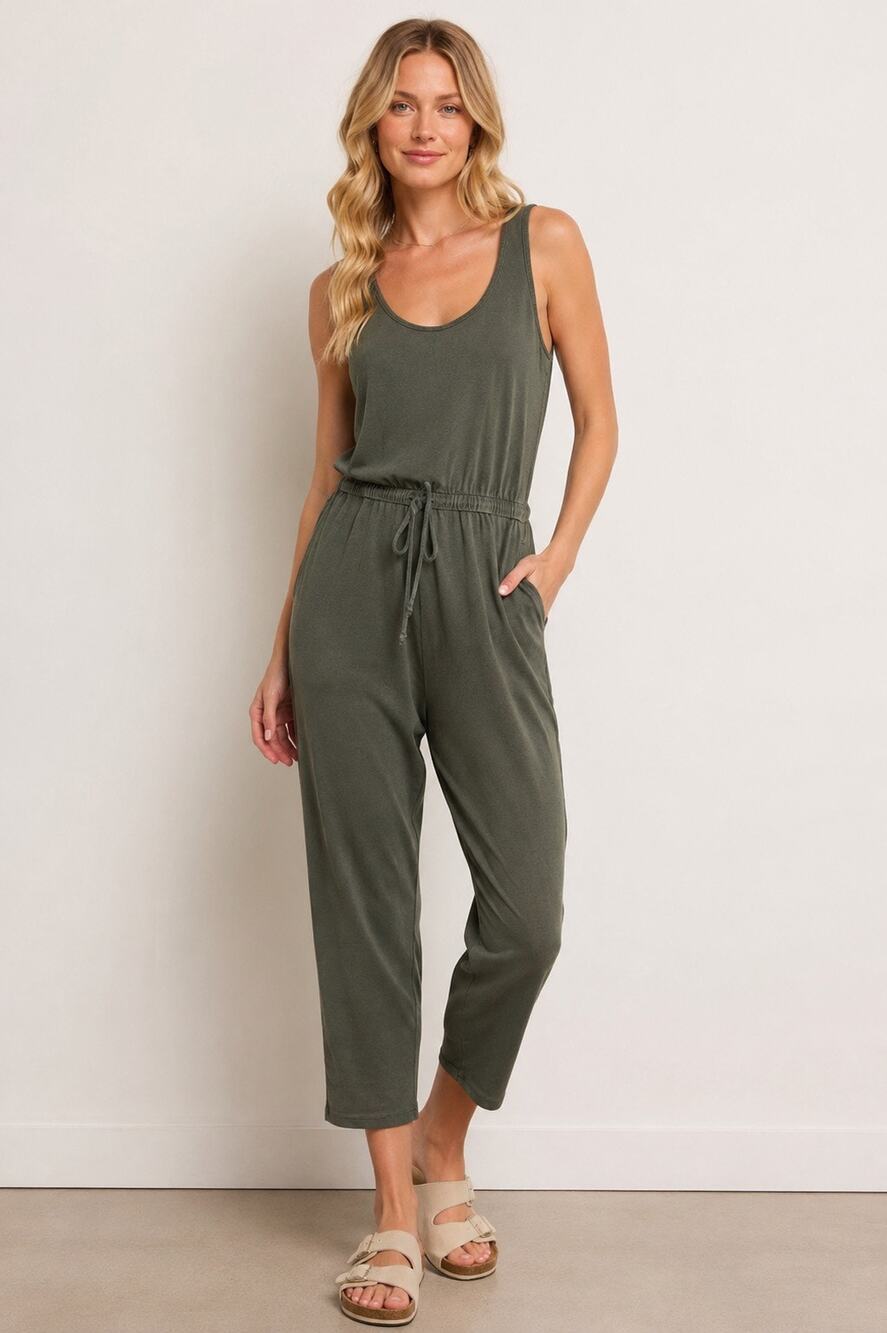 Z Supply Easygoing Jumpsuit Olive Green Sleeveless Drawstring Waist Size Small